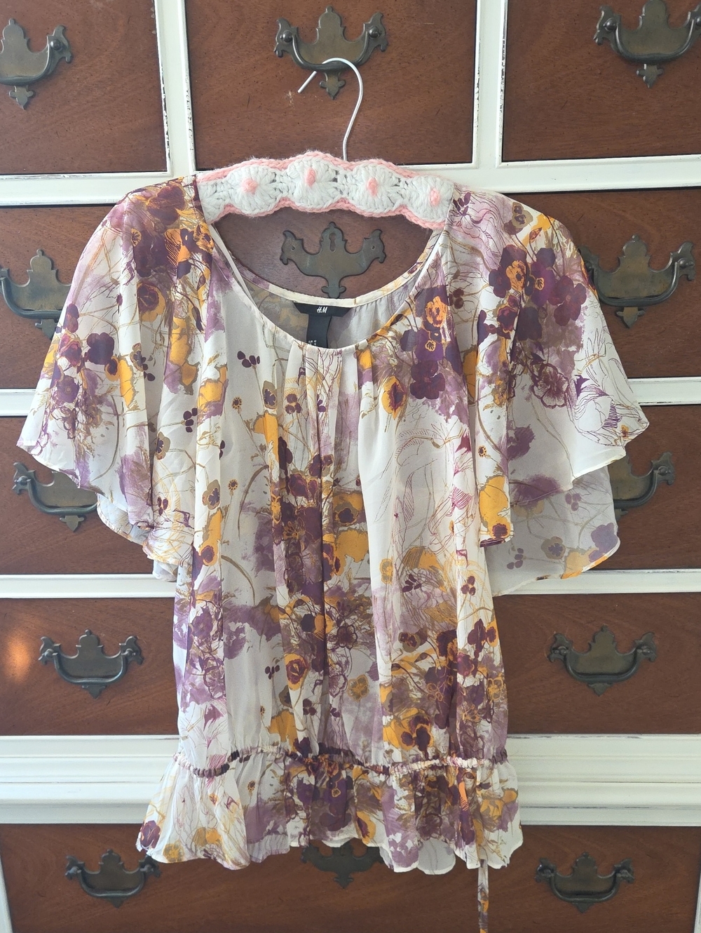 H&M Floral Flutter-Sleeve Blouse - Purple & Mustard on Cream